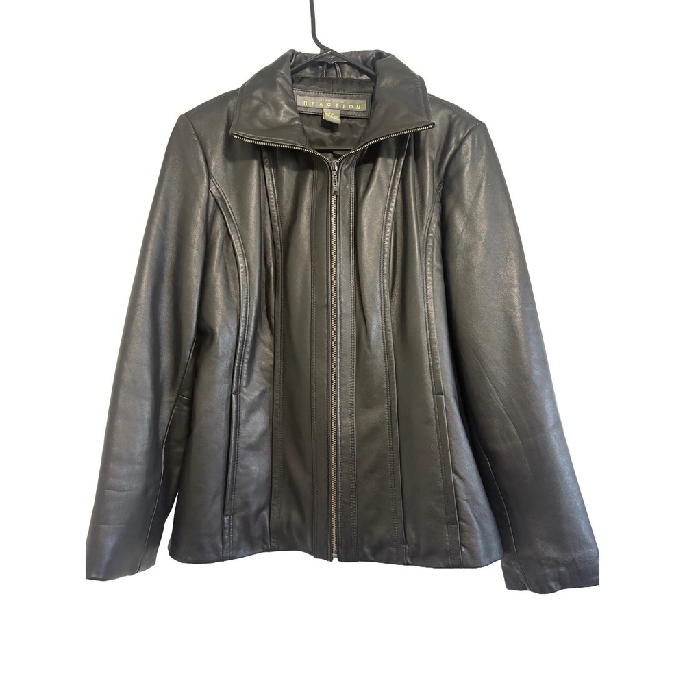 Kenneth Cole Reaction G-III black Leather Jacket Large Full Zip Collar‎ Pockets